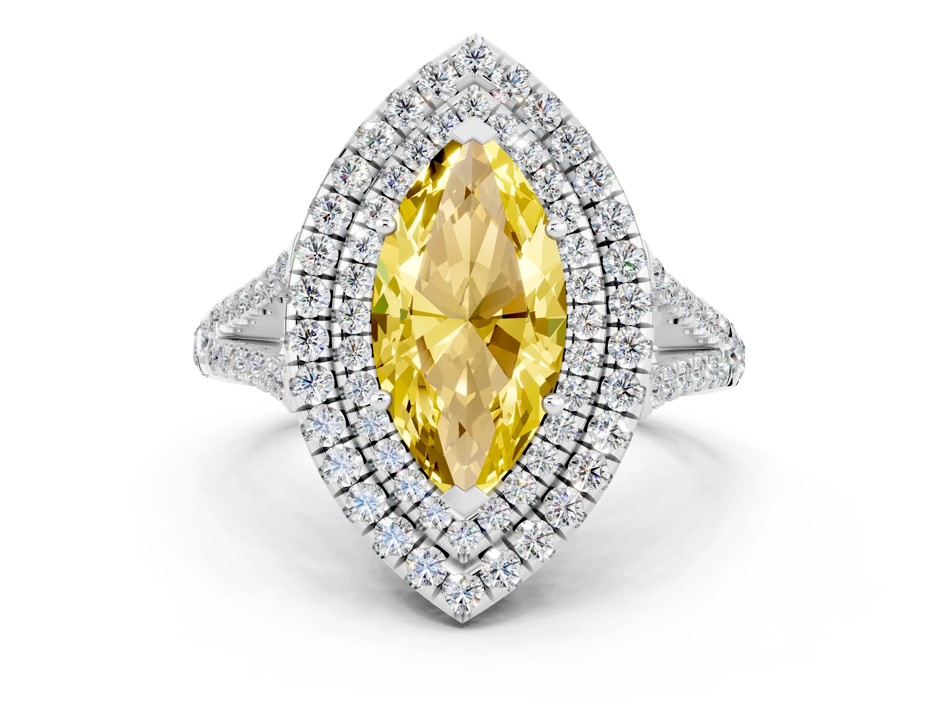 White gold Marquise Cut Yellow Sapphire Double Halo Ring with Pavé Band and Prong Setting_12