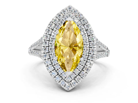 White gold Marquise Cut Yellow Sapphire Double Halo Ring with Pavé Band and Prong Setting_12