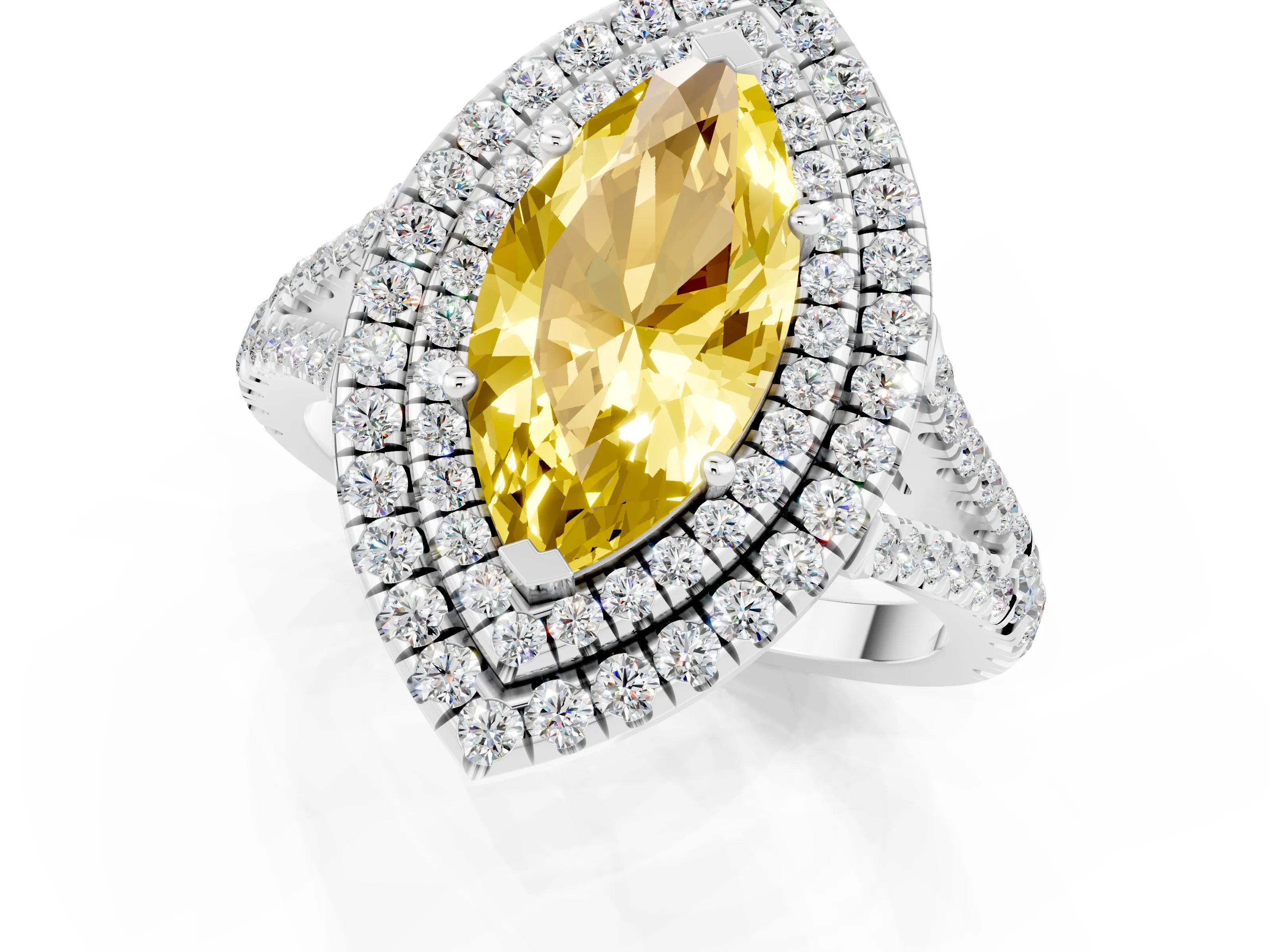 White gold Marquise Cut Yellow Sapphire Double Halo Ring with Pavé Band and Prong Setting_13