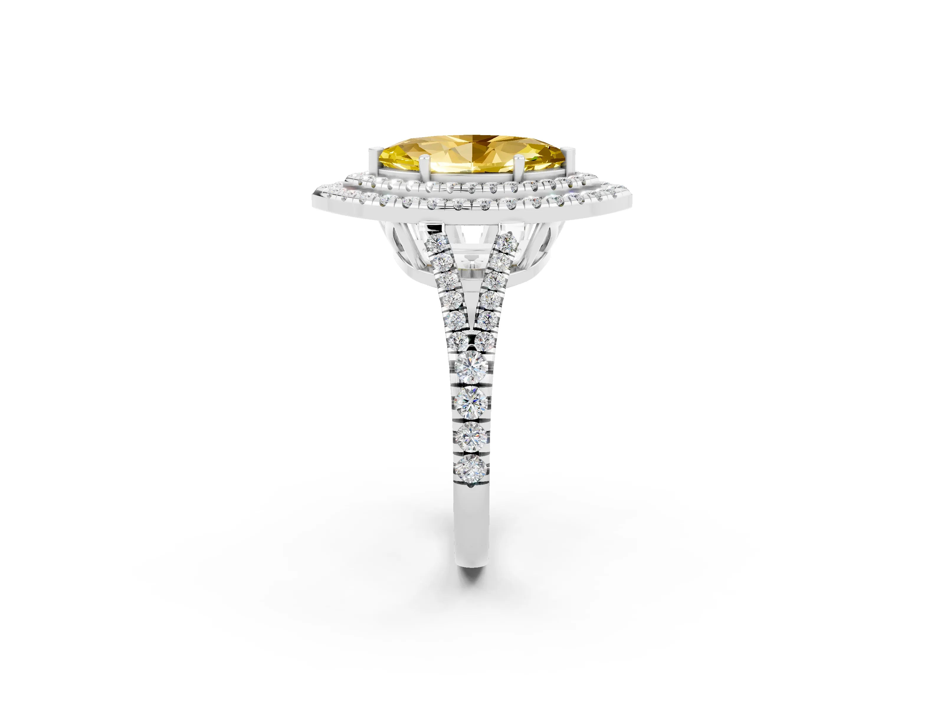 White gold Marquise Cut Yellow Sapphire Double Halo Ring with Pavé Band and Prong Setting_14