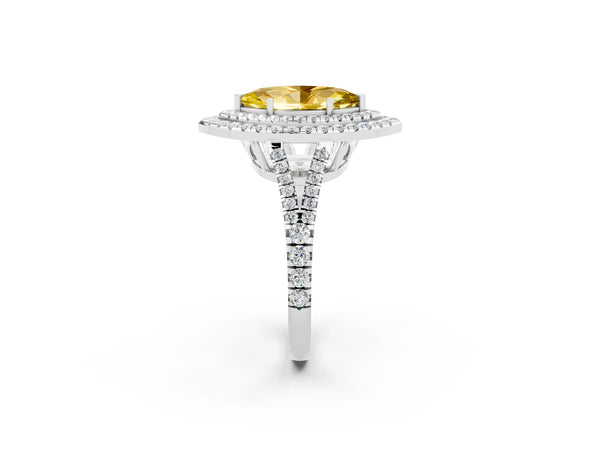 Silver Marquise Cut Yellow Sapphire Double Halo Ring with Pavé Band and Prong Setting