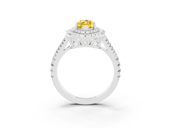 Platinum Marquise Cut Yellow Sapphire Double Halo Ring with Pavé Band and Prong Setting
