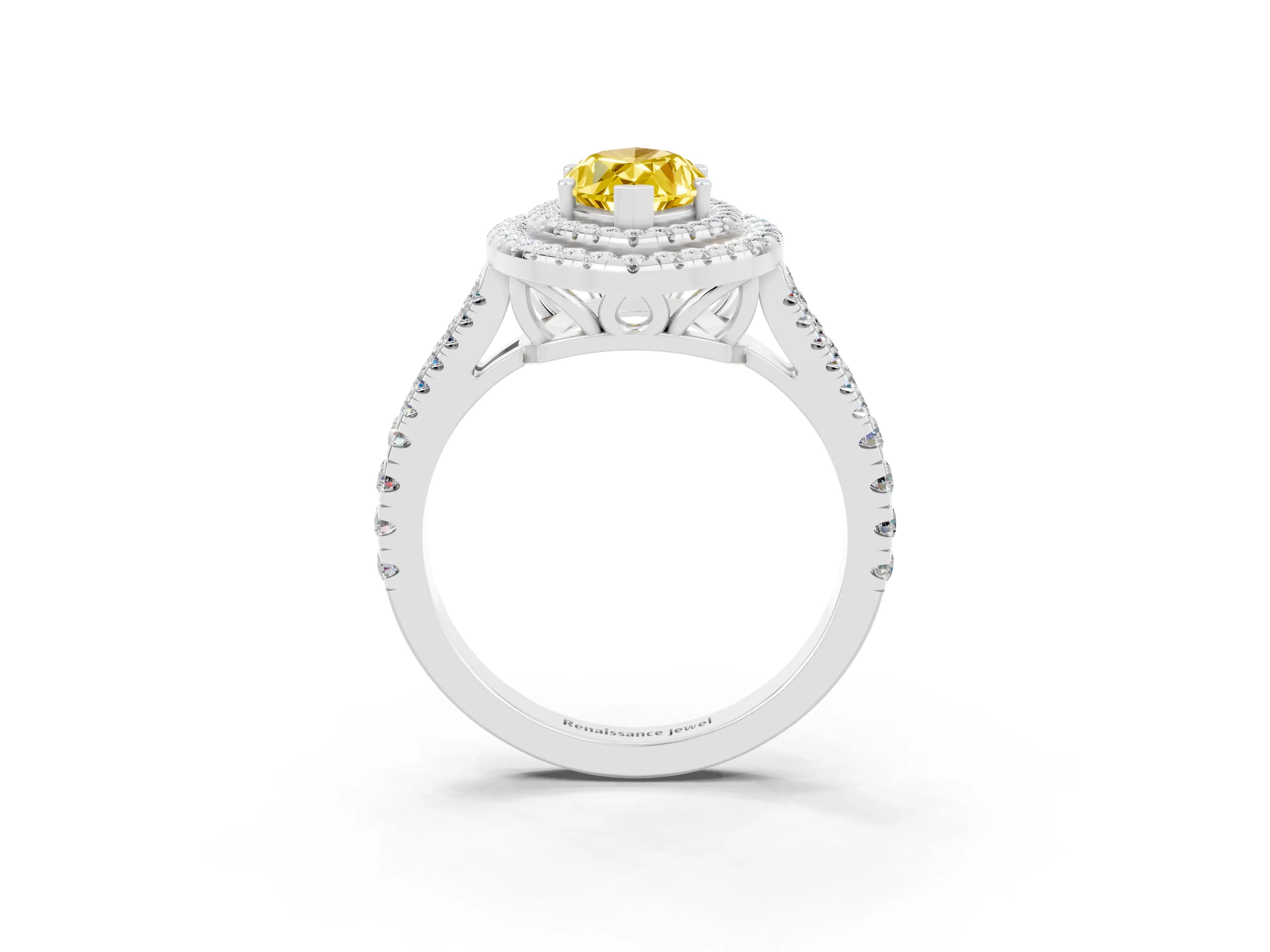 White gold Marquise Cut Yellow Sapphire Double Halo Ring with Pavé Band and Prong Setting_15