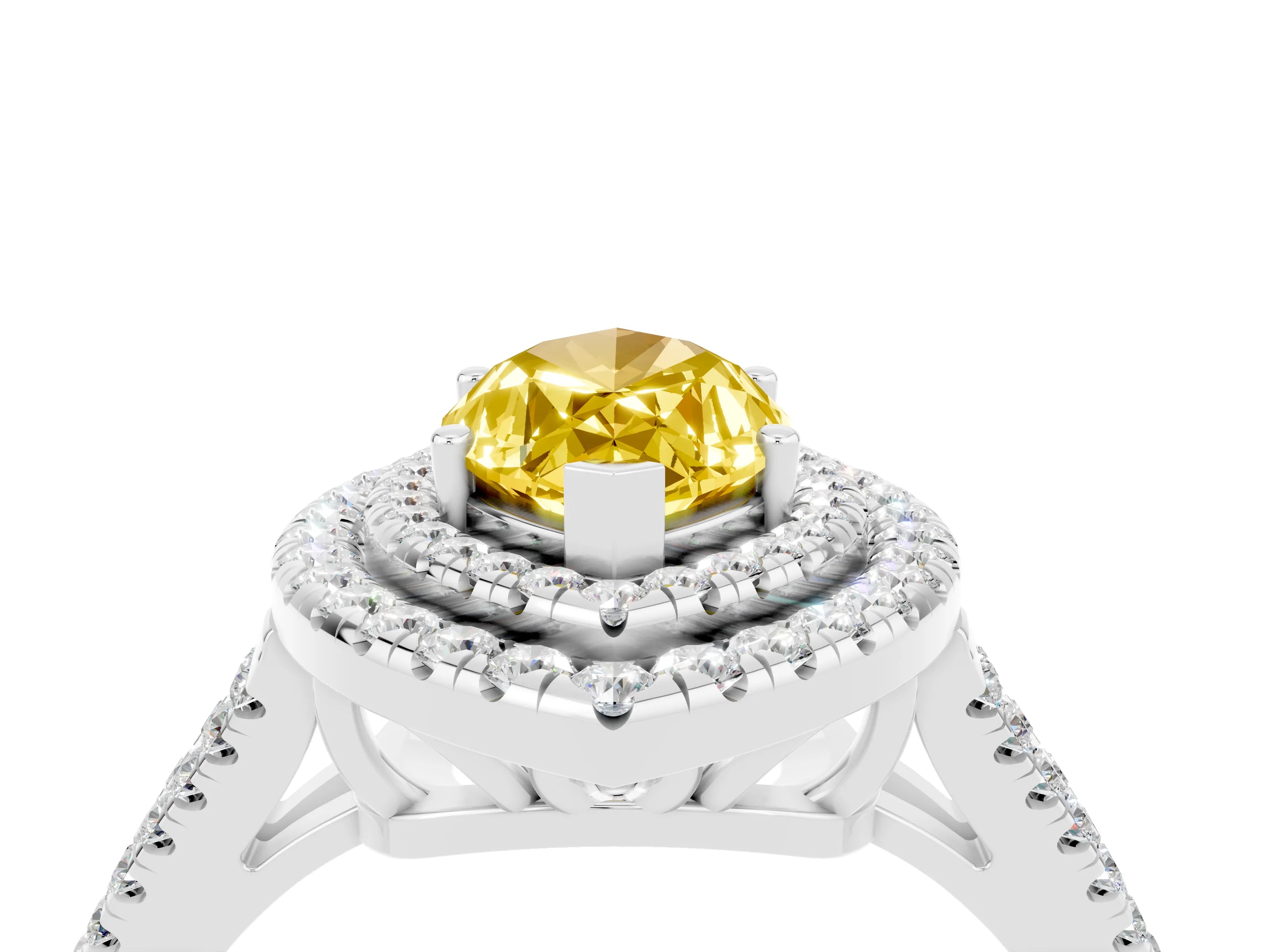 White gold Marquise Cut Yellow Sapphire Double Halo Ring with Pavé Band and Prong Setting_16