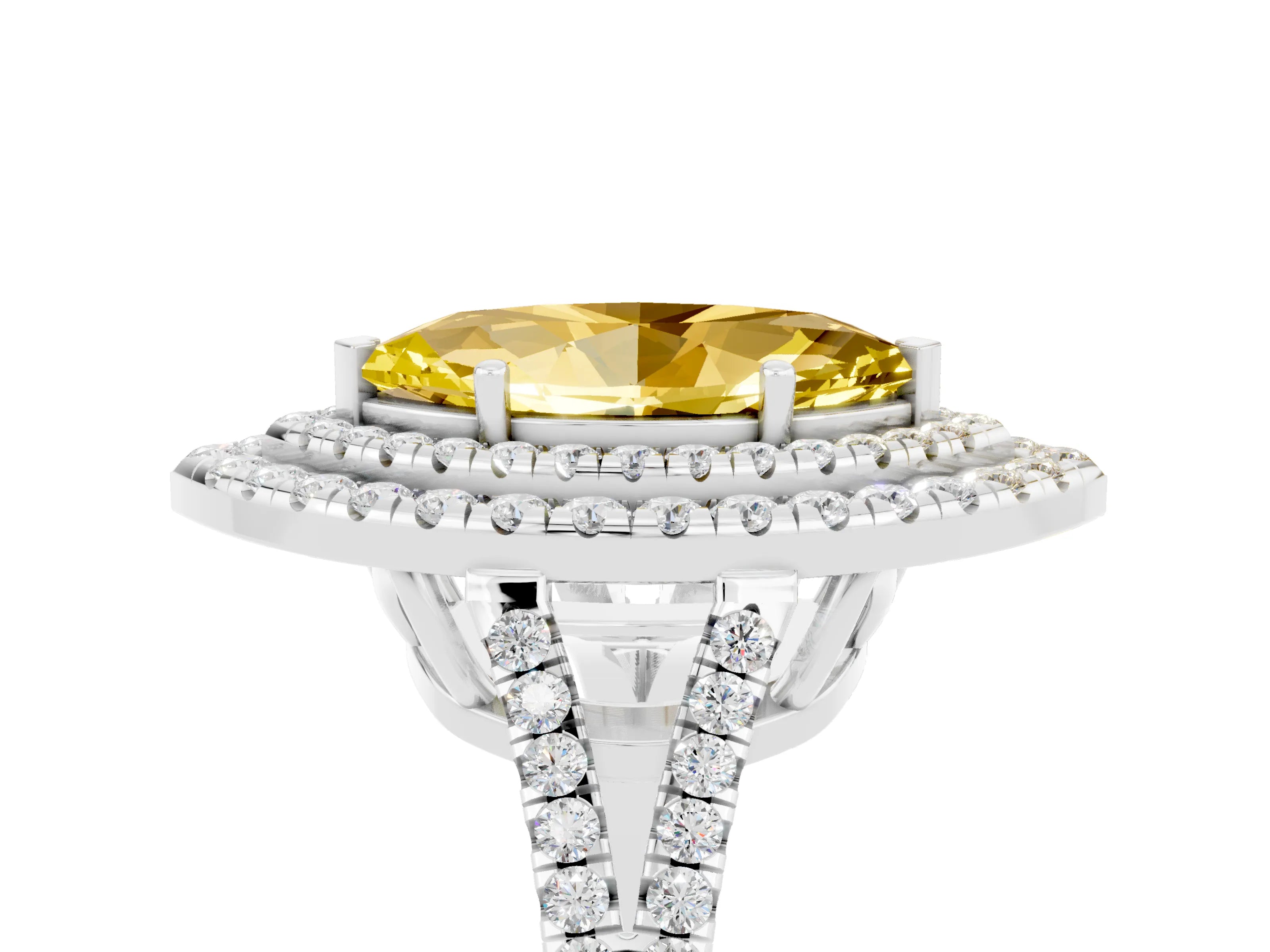 White gold Marquise Cut Yellow Sapphire Double Halo Ring with Pavé Band and Prong Setting_17