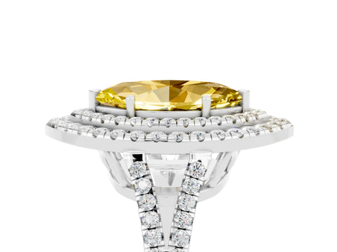 White gold Marquise Cut Yellow Sapphire Double Halo Ring with Pavé Band and Prong Setting_17