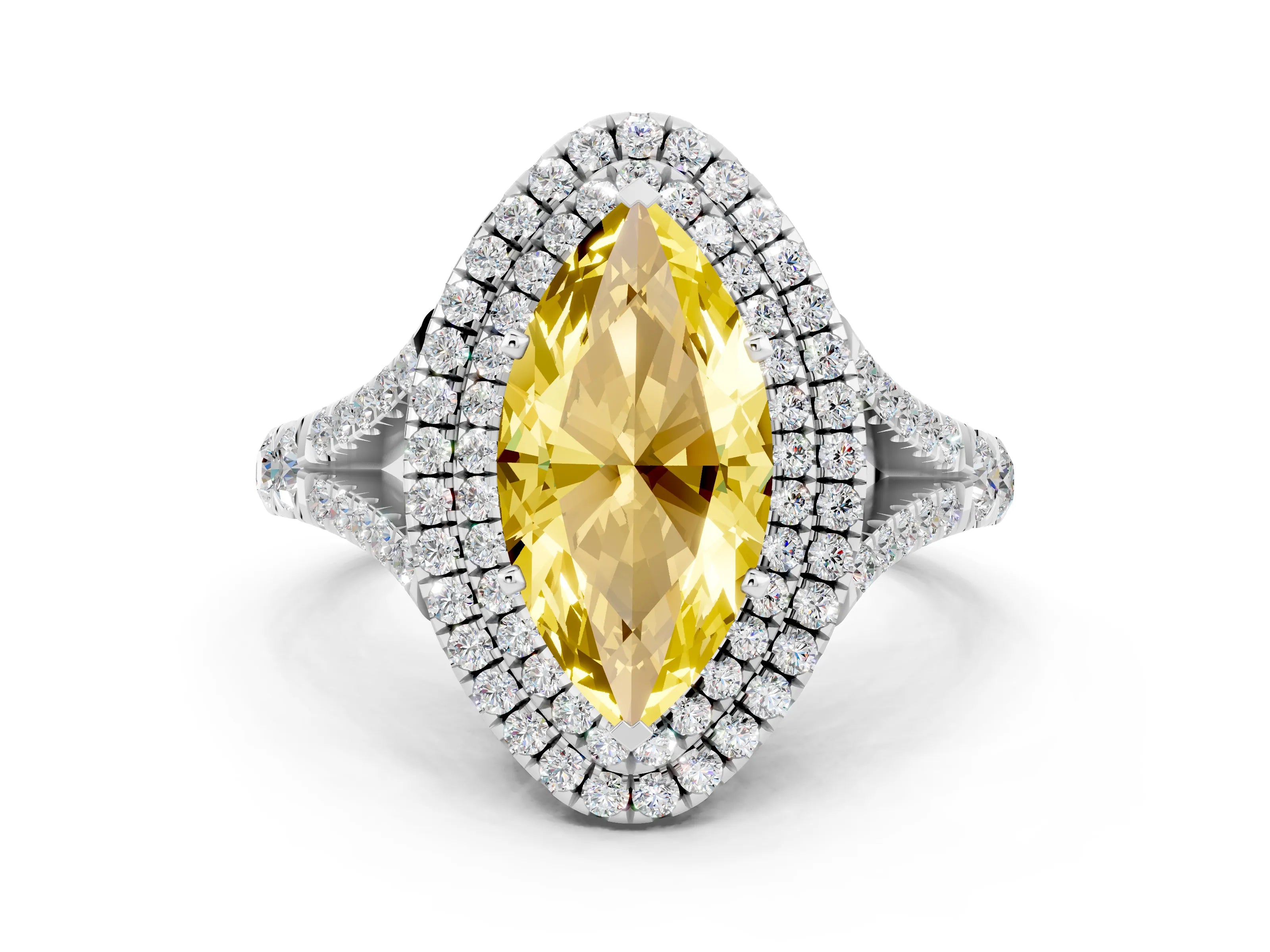White gold Marquise Cut Yellow Sapphire Double Halo Ring with Split Shank and Prong Setting_24