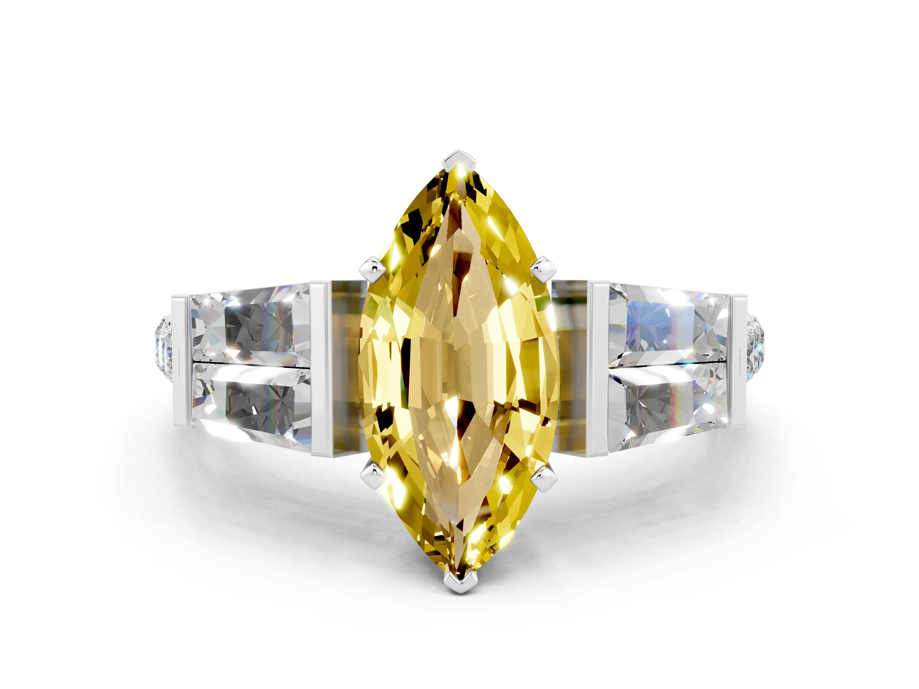 White gold Marquise Cut Yellow Sapphire Engagement Ring with Baguette Side Stones and Channel Set Band