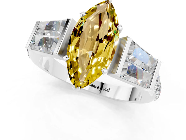 Platinum Marquise Cut Yellow Sapphire Engagement Ring with Baguette Side Stones and Channel Set Band