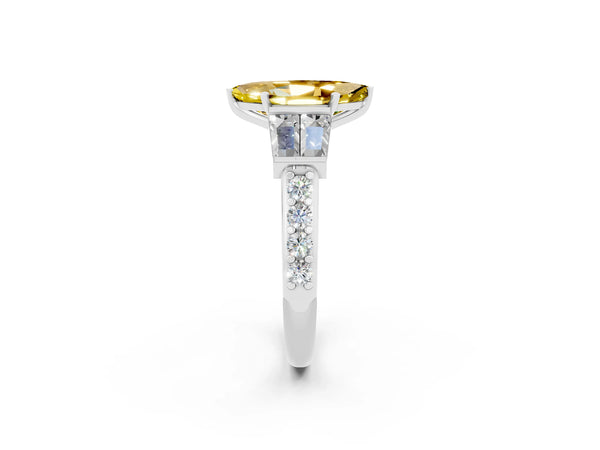White gold Marquise Cut Yellow Sapphire Engagement Ring with Baguette Side Stones and Channel Set Band