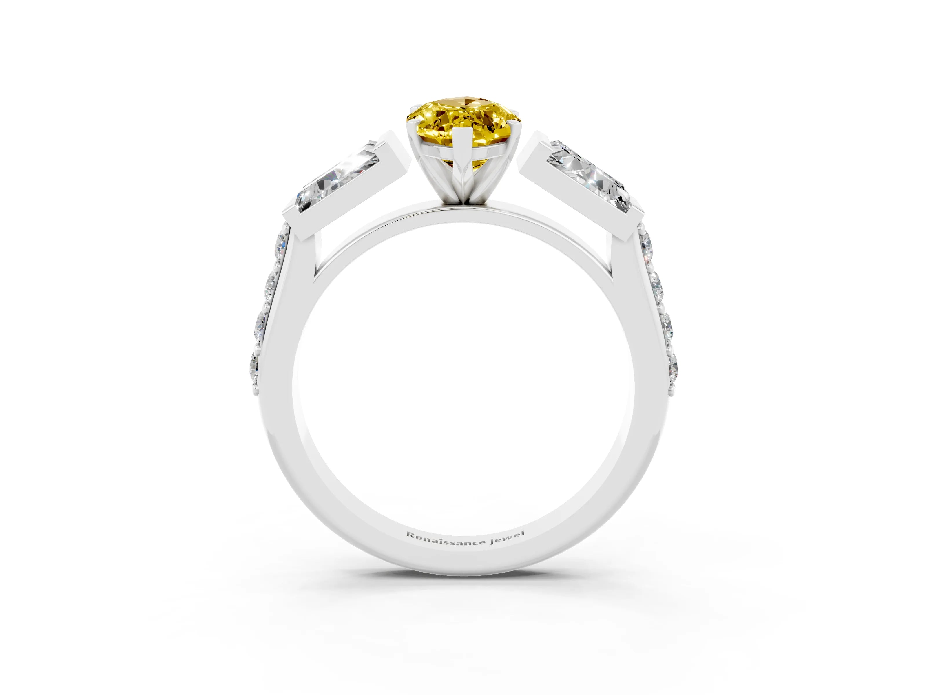 White gold Marquise Cut Yellow Sapphire Engagement Ring with Baguette Side Stones and Channel Set Band_3