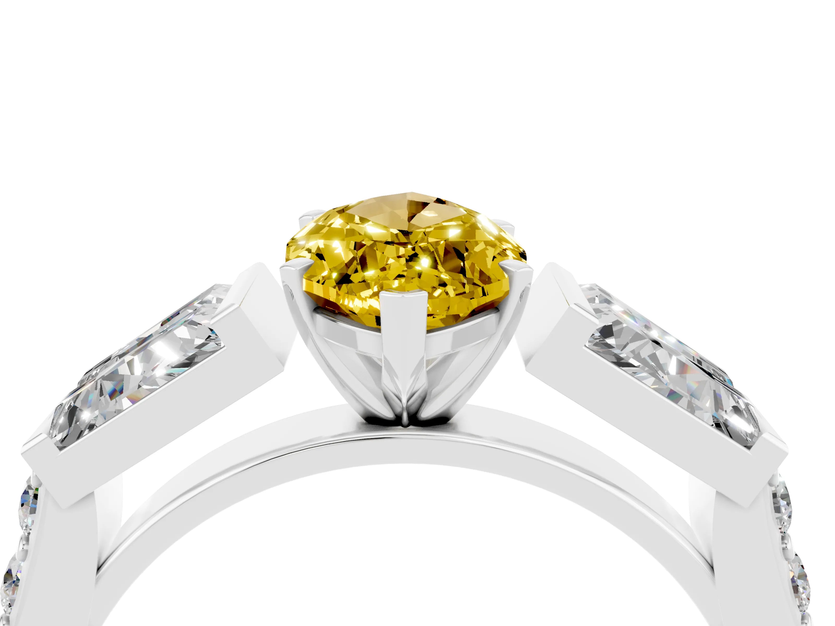 White gold Marquise Cut Yellow Sapphire Engagement Ring with Baguette Side Stones and Channel Set Band_4