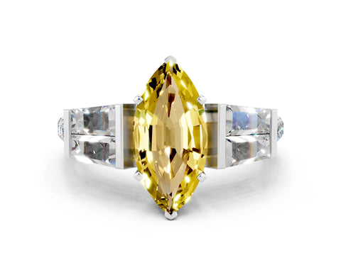 White gold Marquise Cut Yellow Sapphire Engagement Ring with Baguette Side Stones and Channel Set Band