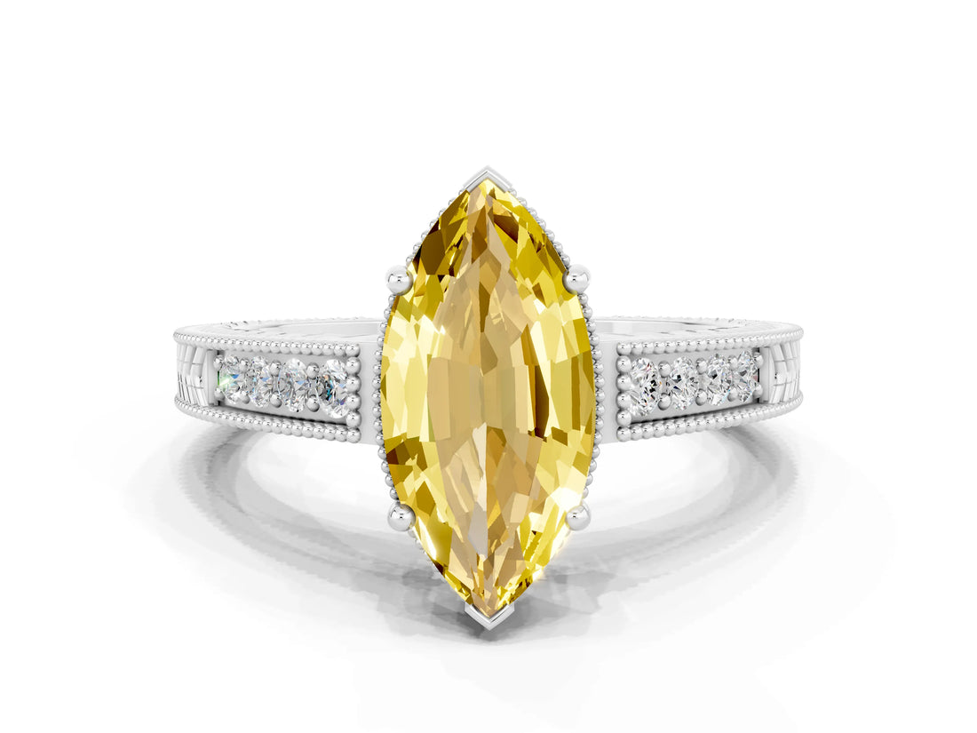 White gold Marquise Cut Yellow Sapphire Engagement Ring with Milgrain Channel Set Band and Prong Setting_24