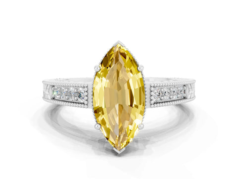 White gold Marquise Cut Yellow Sapphire Engagement Ring with Milgrain Channel Set Band and Prong Setting_24