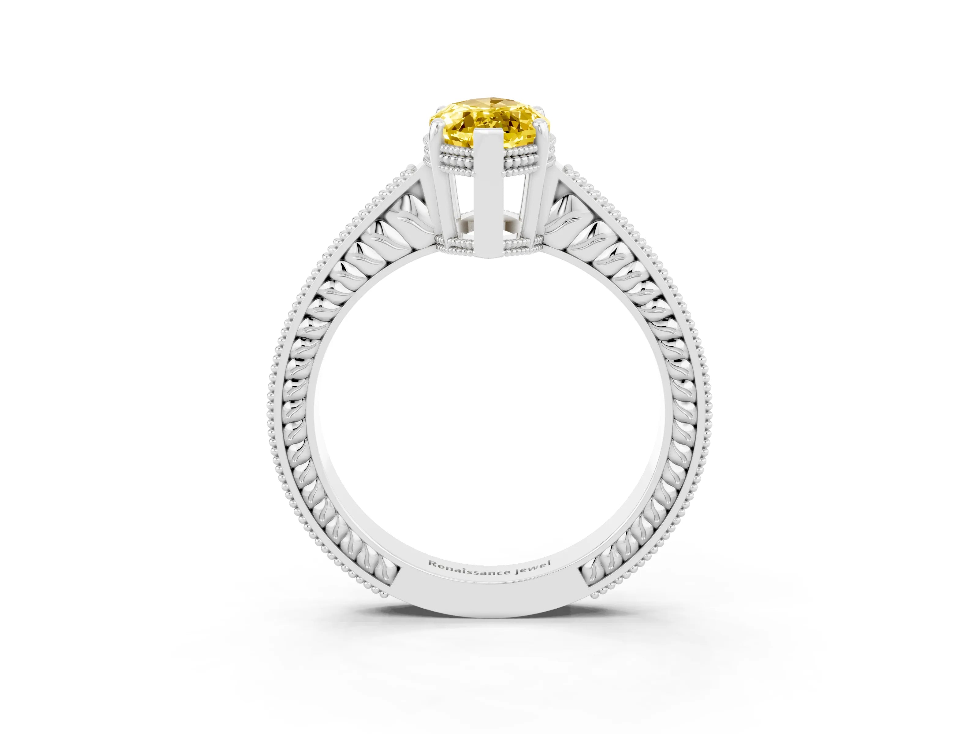 White gold Marquise Cut Yellow Sapphire Engagement Ring with Milgrain Channel Set Band and Prong Setting_27