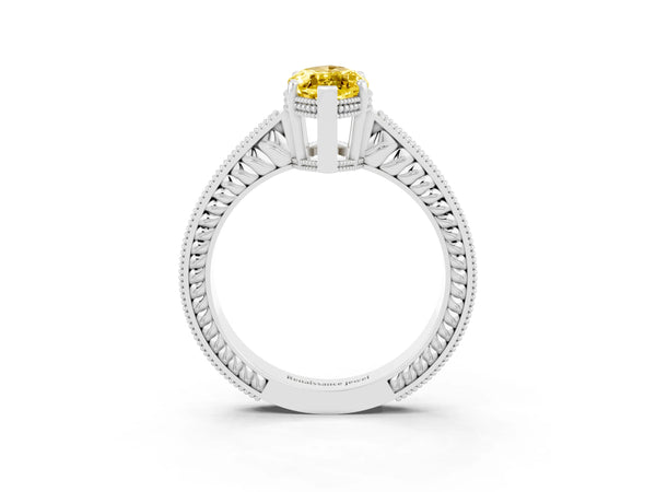 White gold Marquise Cut Yellow Sapphire Engagement Ring with Milgrain Channel Set Band and Prong Setting