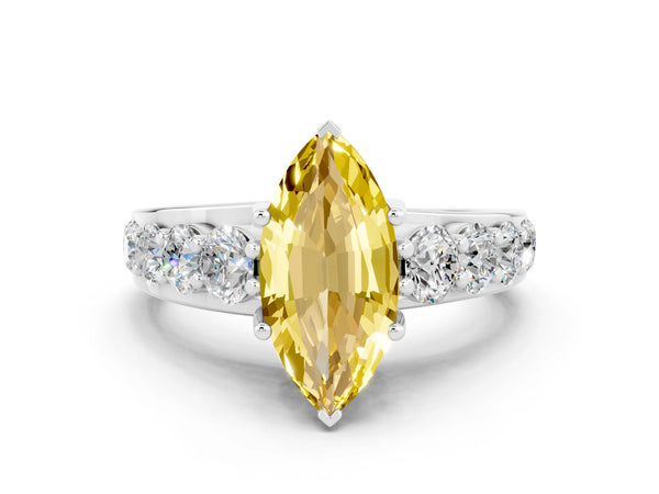 Platinum Marquise Cut Yellow Sapphire Engagement Ring with Pavé Band and Four-Prong Setting