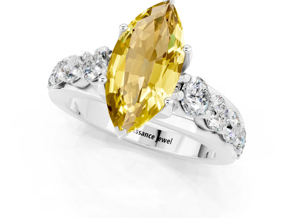 Platinum Marquise Cut Yellow Sapphire Engagement Ring with Pavé Band and Four-Prong Setting