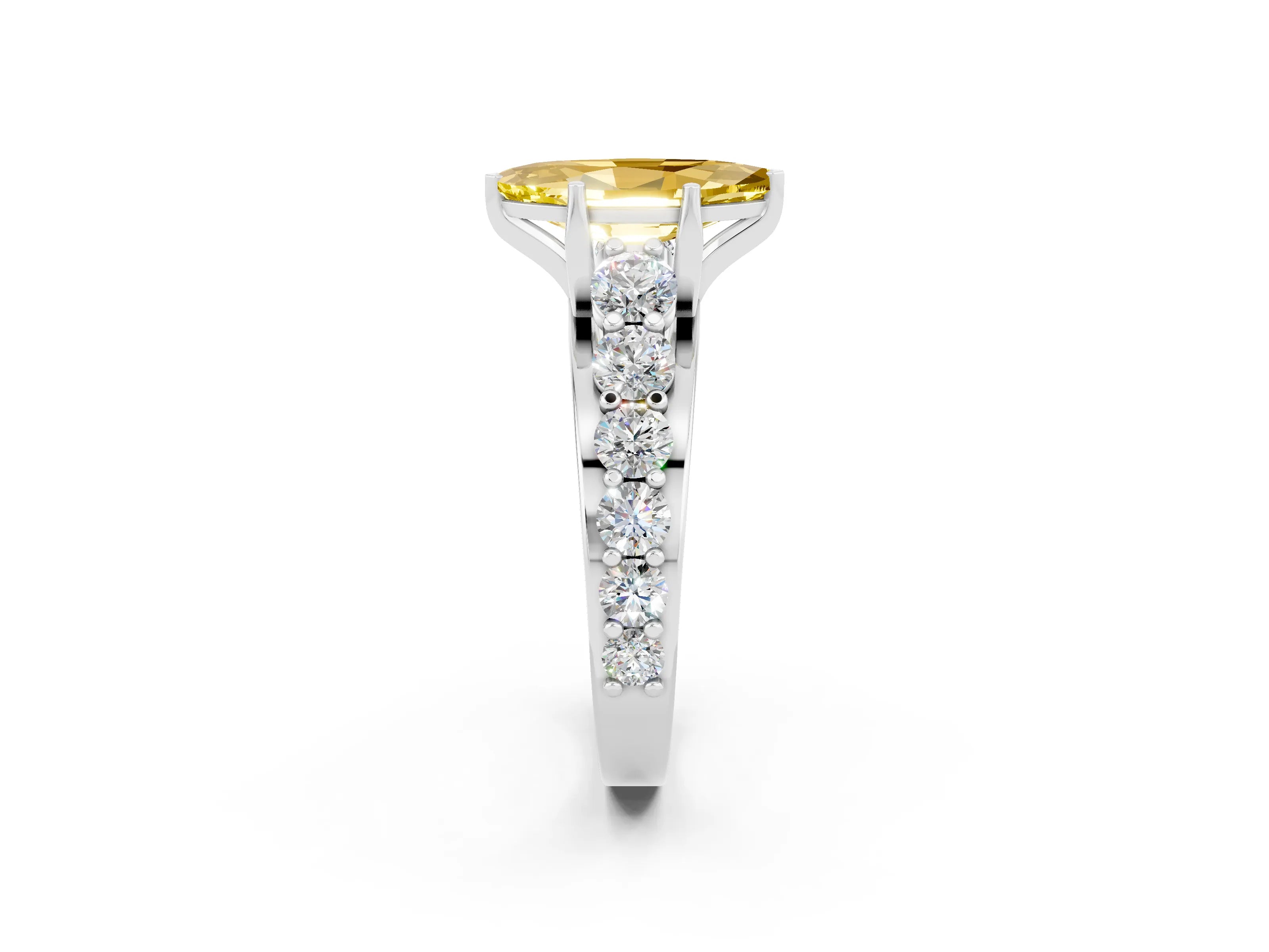 White gold Marquise Cut Yellow Sapphire Engagement Ring with Pavé Band and Four-Prong Setting_2