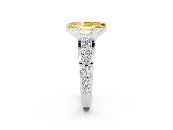 White gold Marquise Cut Yellow Sapphire Engagement Ring with Pavé Band and Four-Prong Setting