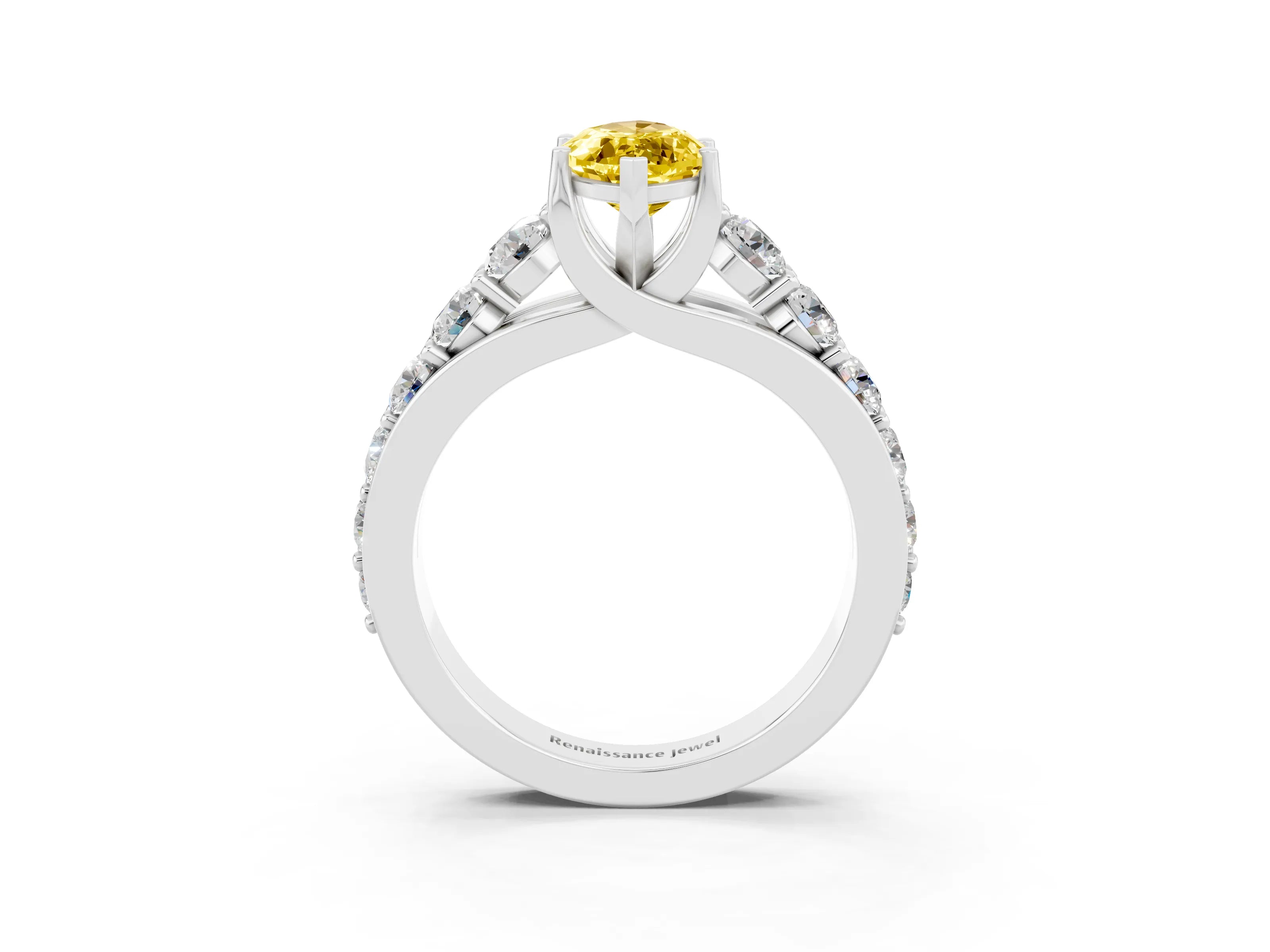 White gold Marquise Cut Yellow Sapphire Engagement Ring with Pavé Band and Four-Prong Setting_3