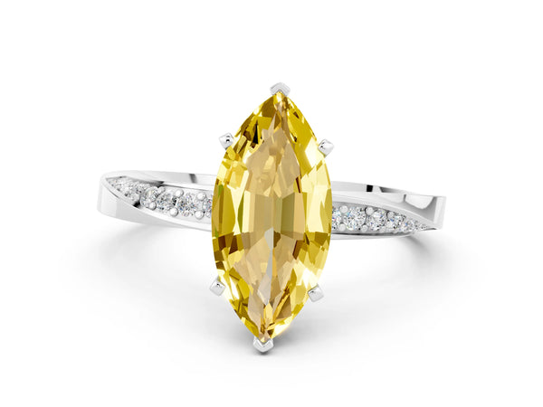 White gold Marquise Cut Yellow Sapphire Engagement Ring with Side Stone Accents and Four-Prong Setting