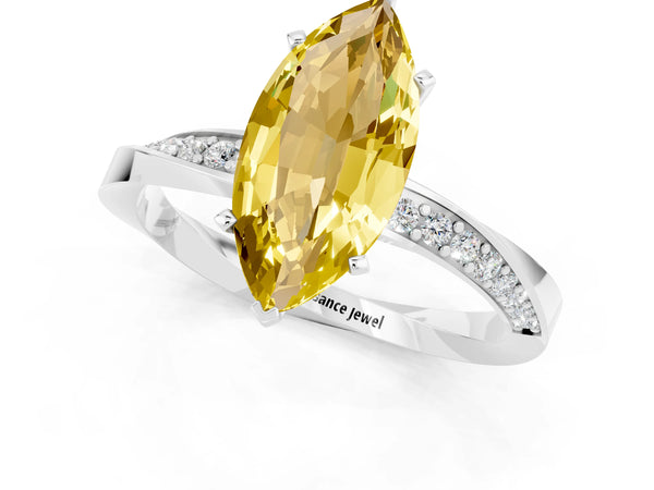 White gold Marquise Cut Yellow Sapphire Engagement Ring with Side Stone Accents and Four-Prong Setting