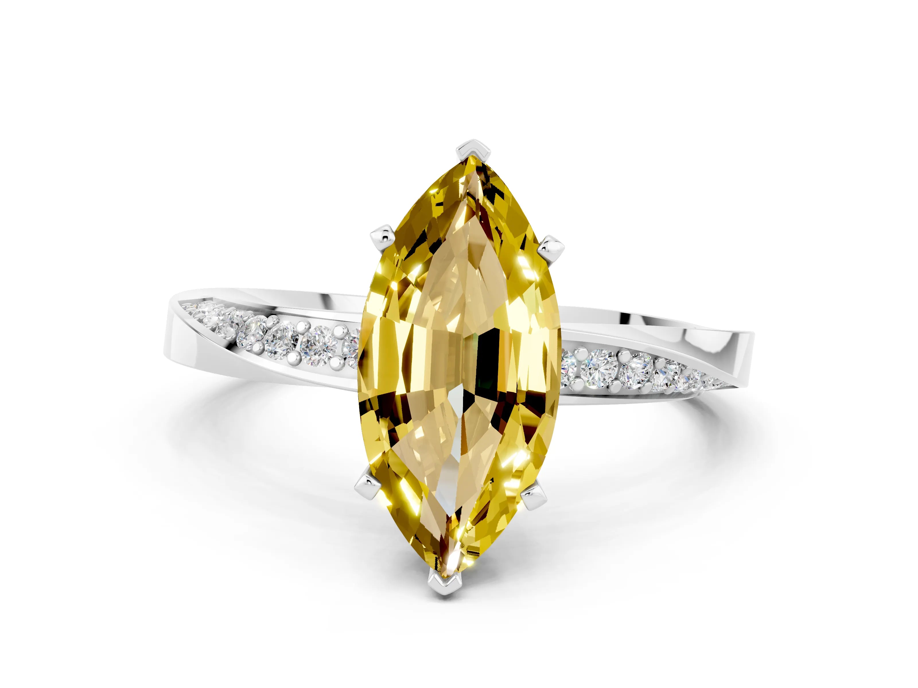 White gold Marquise Cut Yellow Sapphire Engagement Ring with Side Stone Accents and Four-Prong Setting_51