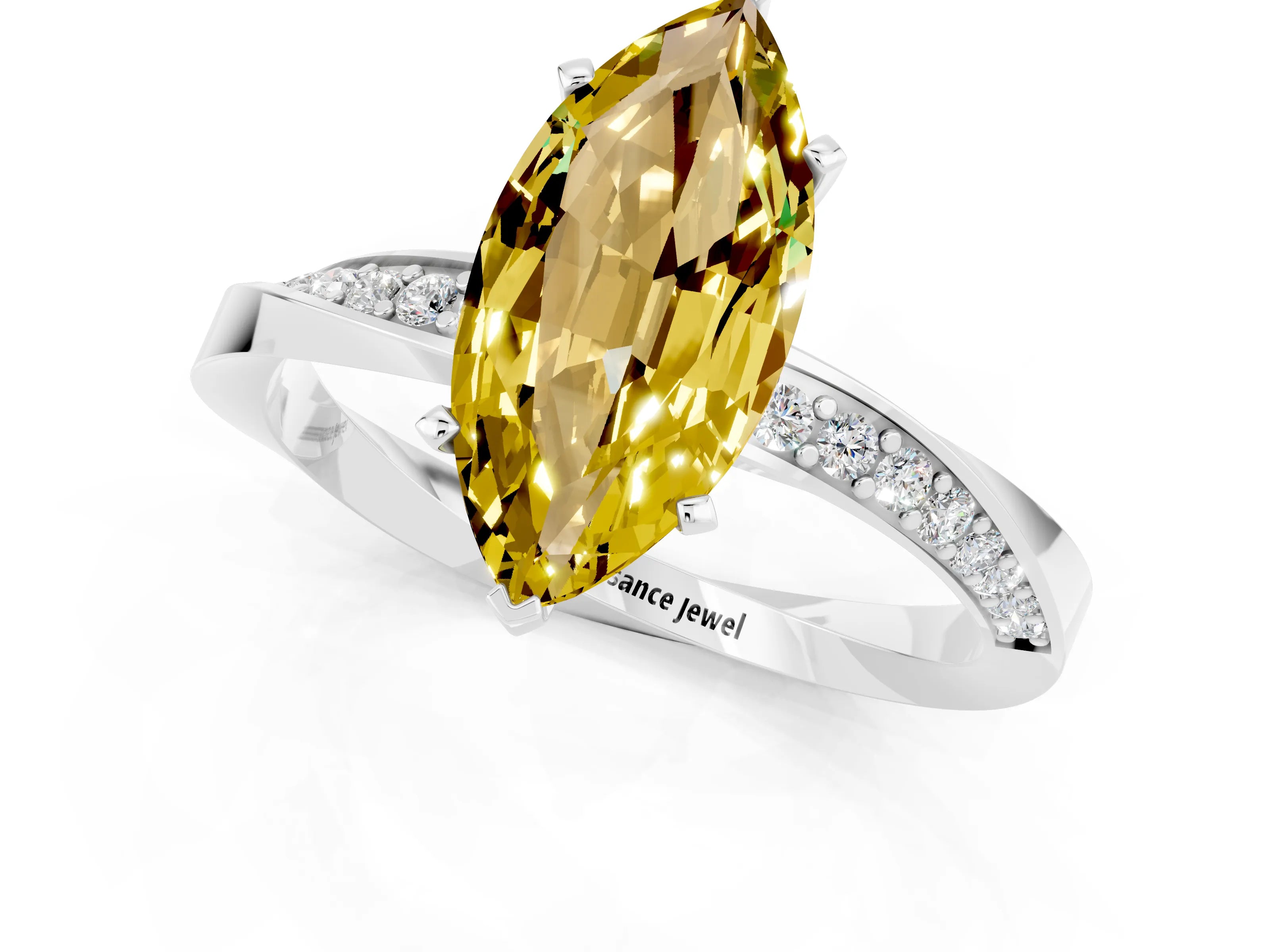 White gold Marquise Cut Yellow Sapphire Engagement Ring with Side Stone Accents and Four-Prong Setting_52