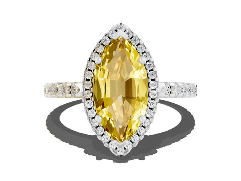White gold Marquise Cut Yellow Sapphire Halo Engagement Ring with Pavé Band and Prong Setting_12