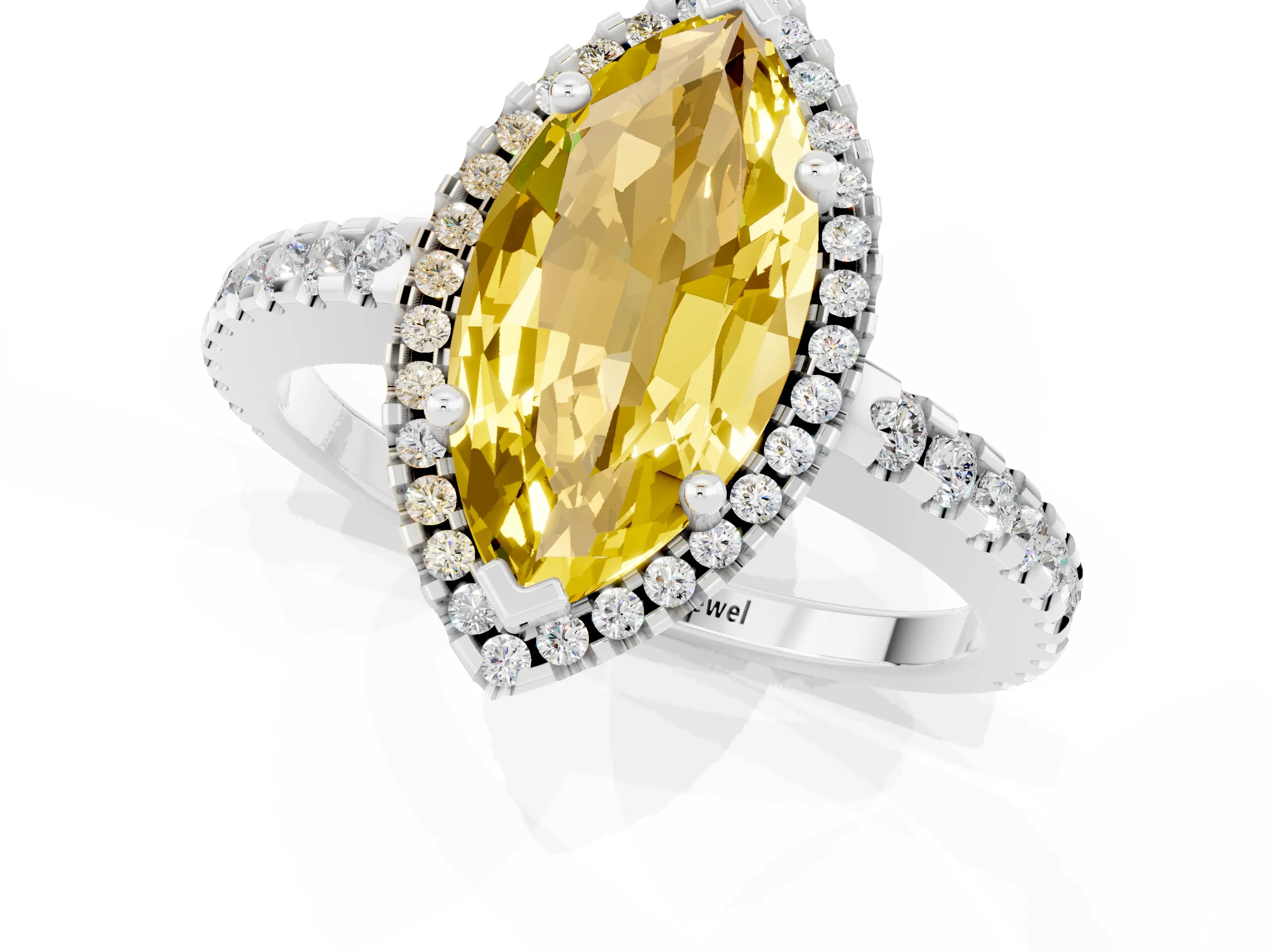 White gold Marquise Cut Yellow Sapphire Halo Engagement Ring with Pavé Band and Prong Setting_13