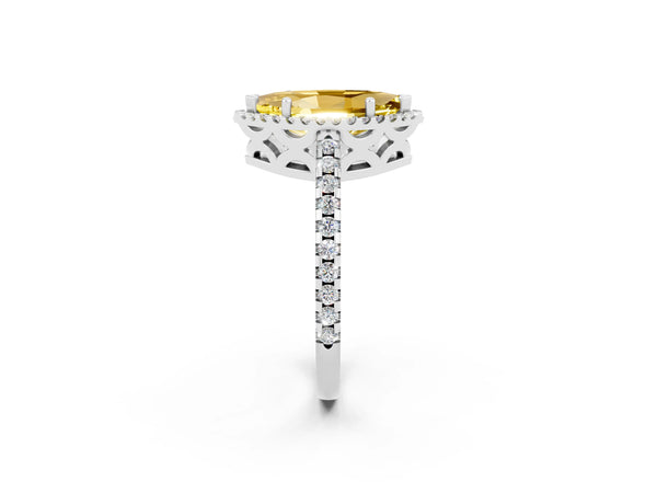 Platinum Marquise Cut Yellow Sapphire Halo Engagement Ring with Pavé Band and Prong Setting