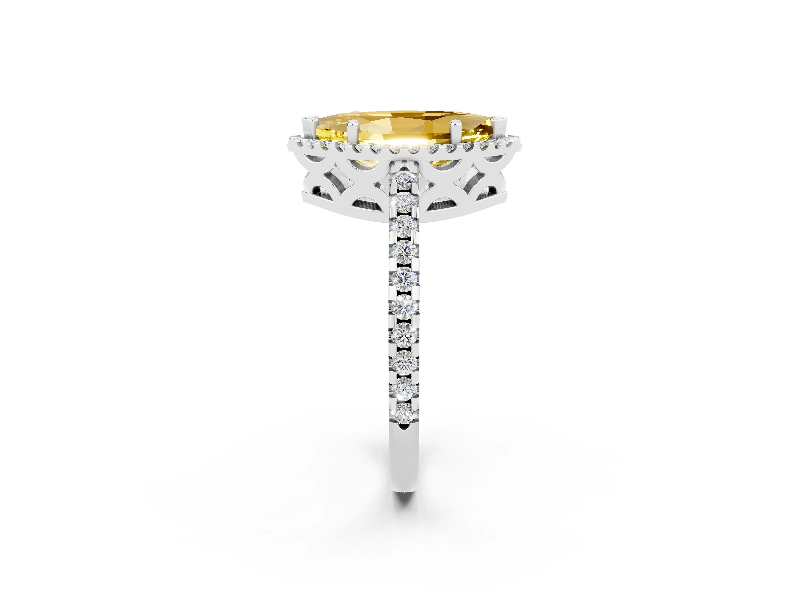 White gold Marquise Cut Yellow Sapphire Halo Engagement Ring with Pavé Band and Prong Setting_14