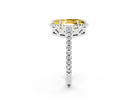 White gold Marquise Cut Yellow Sapphire Halo Engagement Ring with Pavé Band and Prong Setting_14