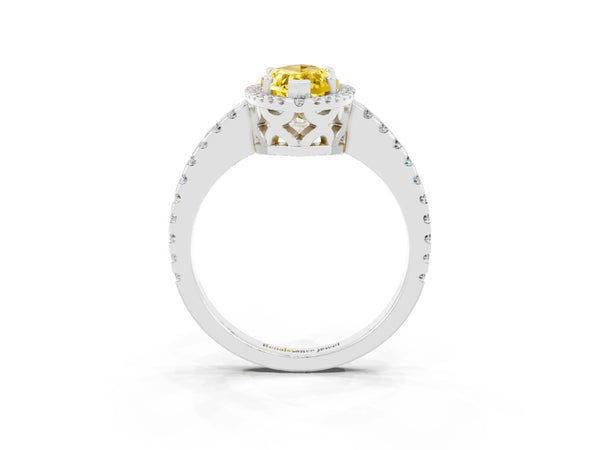 Silver Marquise Cut Yellow Sapphire Halo Engagement Ring with Pavé Band and Prong Setting