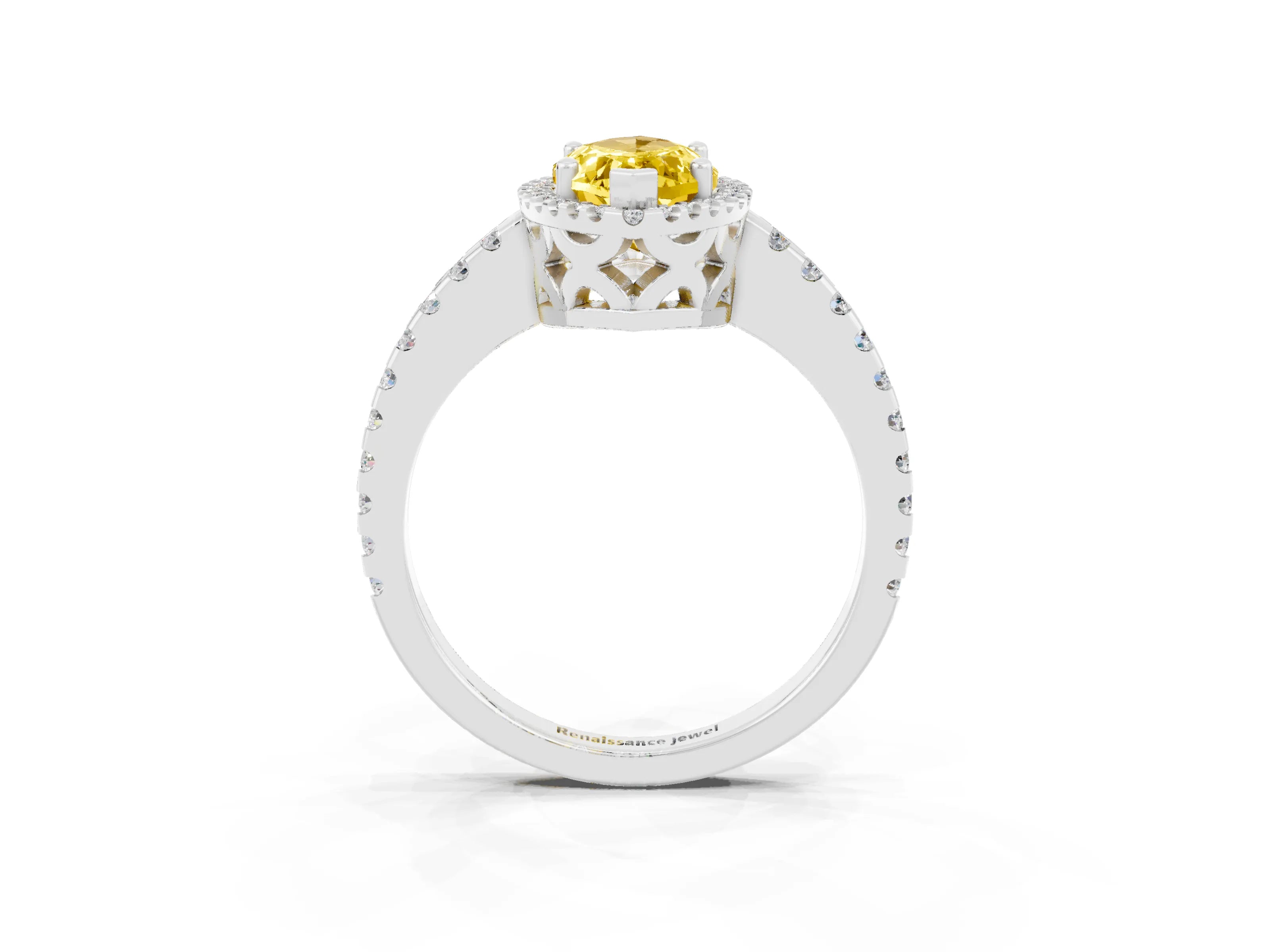 White gold Marquise Cut Yellow Sapphire Halo Engagement Ring with Pavé Band and Prong Setting_15