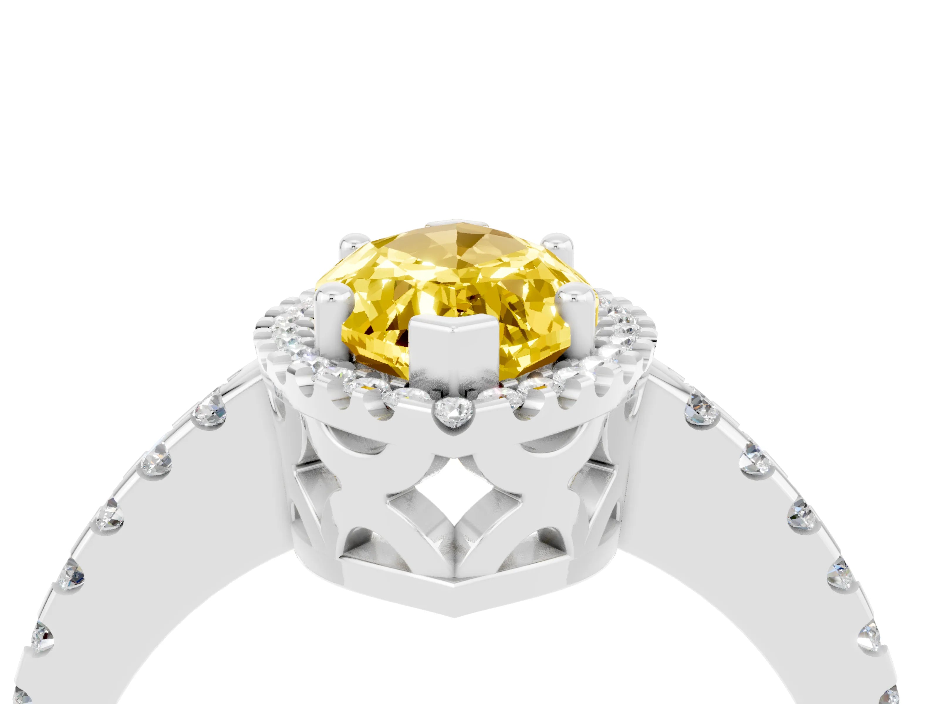 White gold Marquise Cut Yellow Sapphire Halo Engagement Ring with Pavé Band and Prong Setting_16