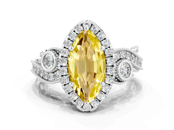 Platinum Marquise Cut Yellow Sapphire Halo Ring with Milgrain Pavé Band and Four-Prong Setting