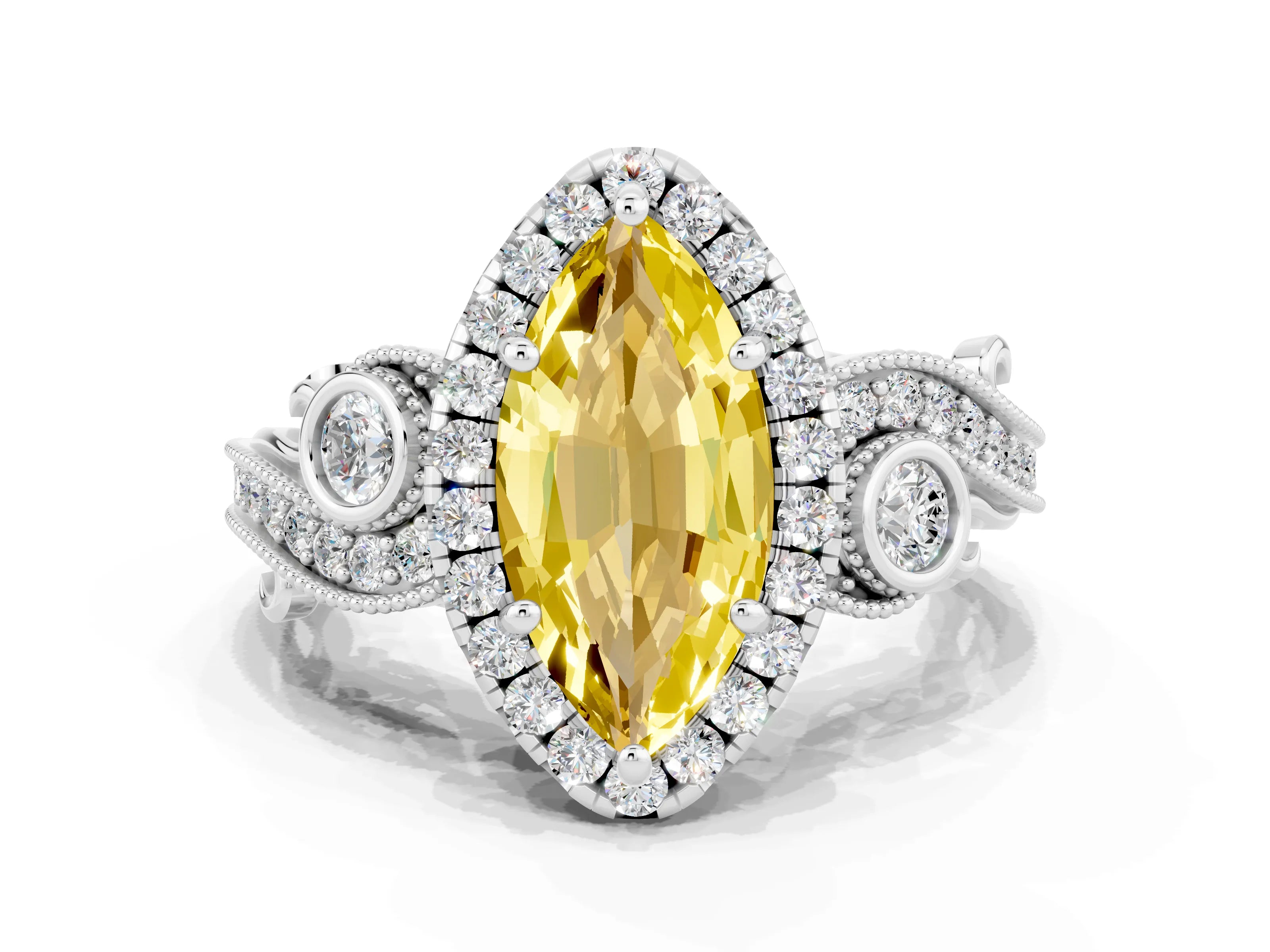 White gold Marquise Cut Yellow Sapphire Halo Ring with Milgrain Pavé Band and Four-Prong Setting_12
