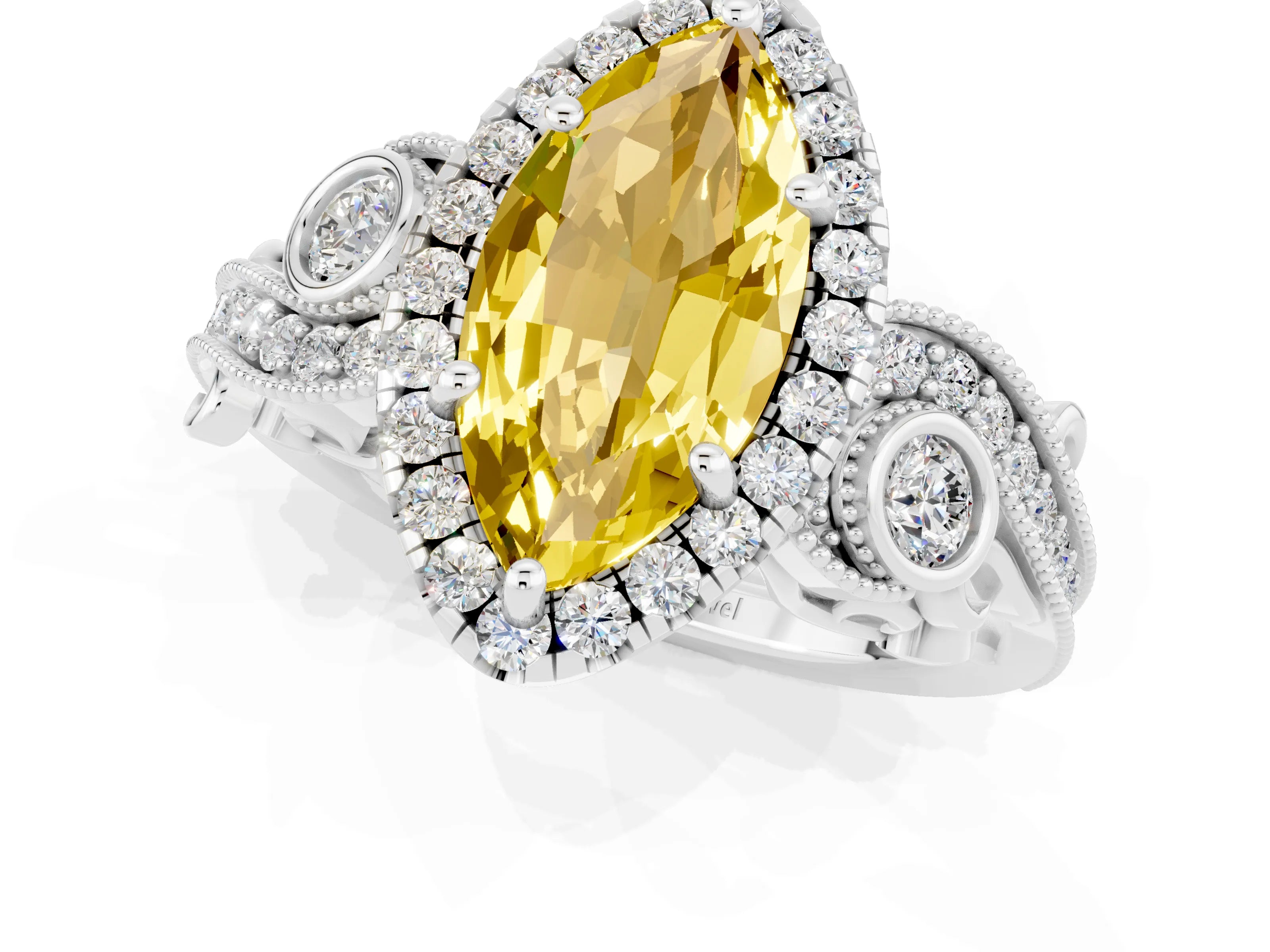 White gold Marquise Cut Yellow Sapphire Halo Ring with Milgrain Pavé Band and Four-Prong Setting_13