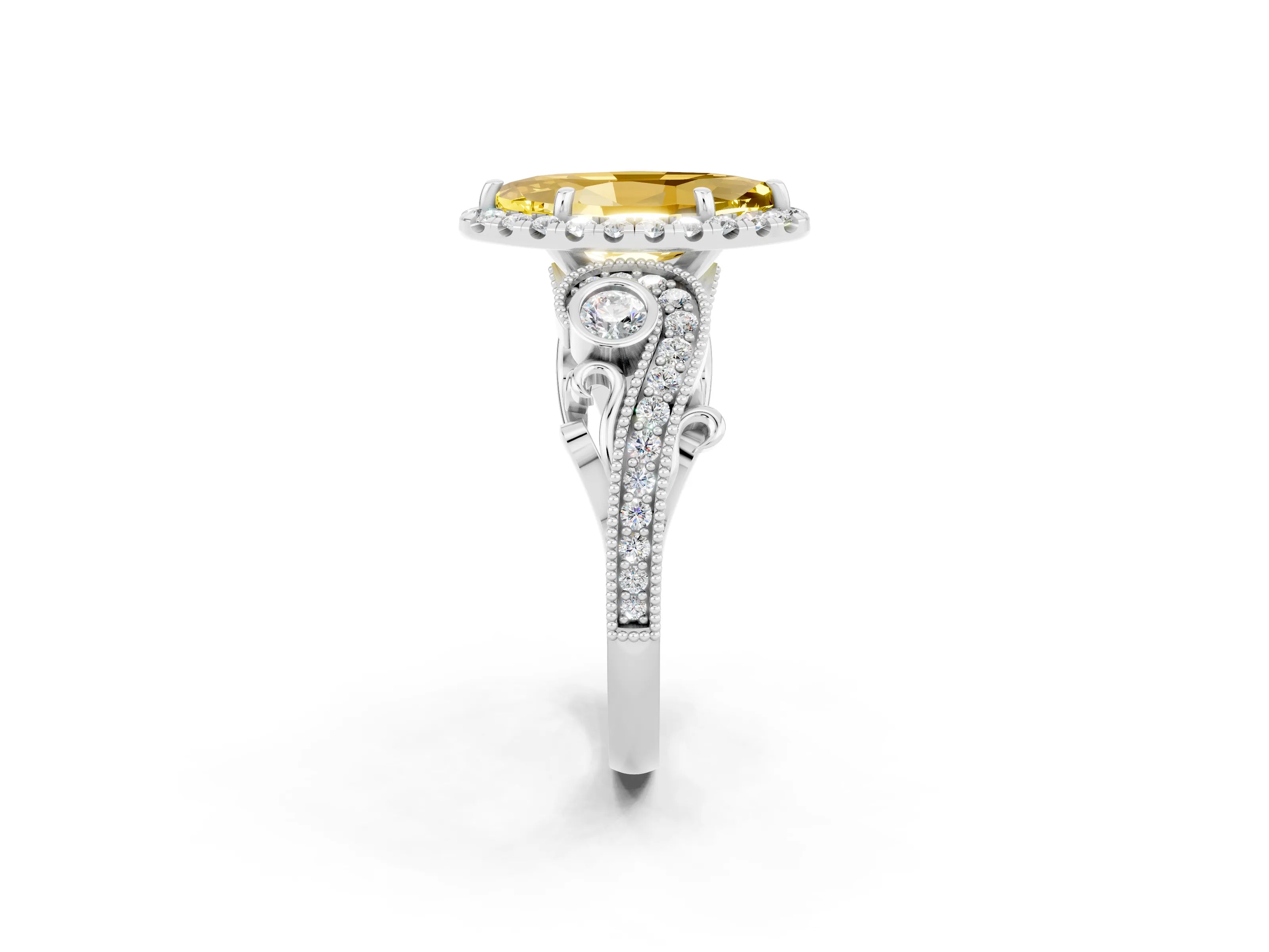 White gold Marquise Cut Yellow Sapphire Halo Ring with Milgrain Pavé Band and Four-Prong Setting_14