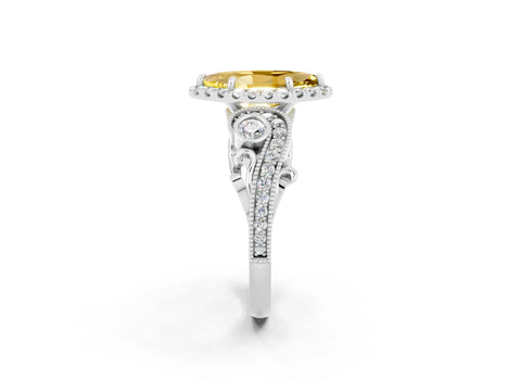 White gold Marquise Cut Yellow Sapphire Halo Ring with Milgrain Pavé Band and Four-Prong Setting_14