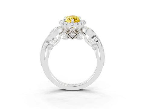 White gold Marquise Cut Yellow Sapphire Halo Ring with Milgrain Pavé Band and Four-Prong Setting_15