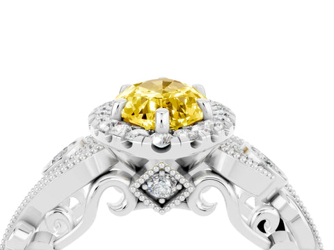 White gold Marquise Cut Yellow Sapphire Halo Ring with Milgrain Pavé Band and Four-Prong Setting_16