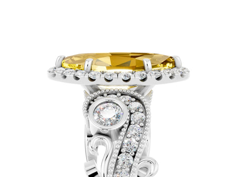 White gold Marquise Cut Yellow Sapphire Halo Ring with Milgrain Pavé Band and Four-Prong Setting_17