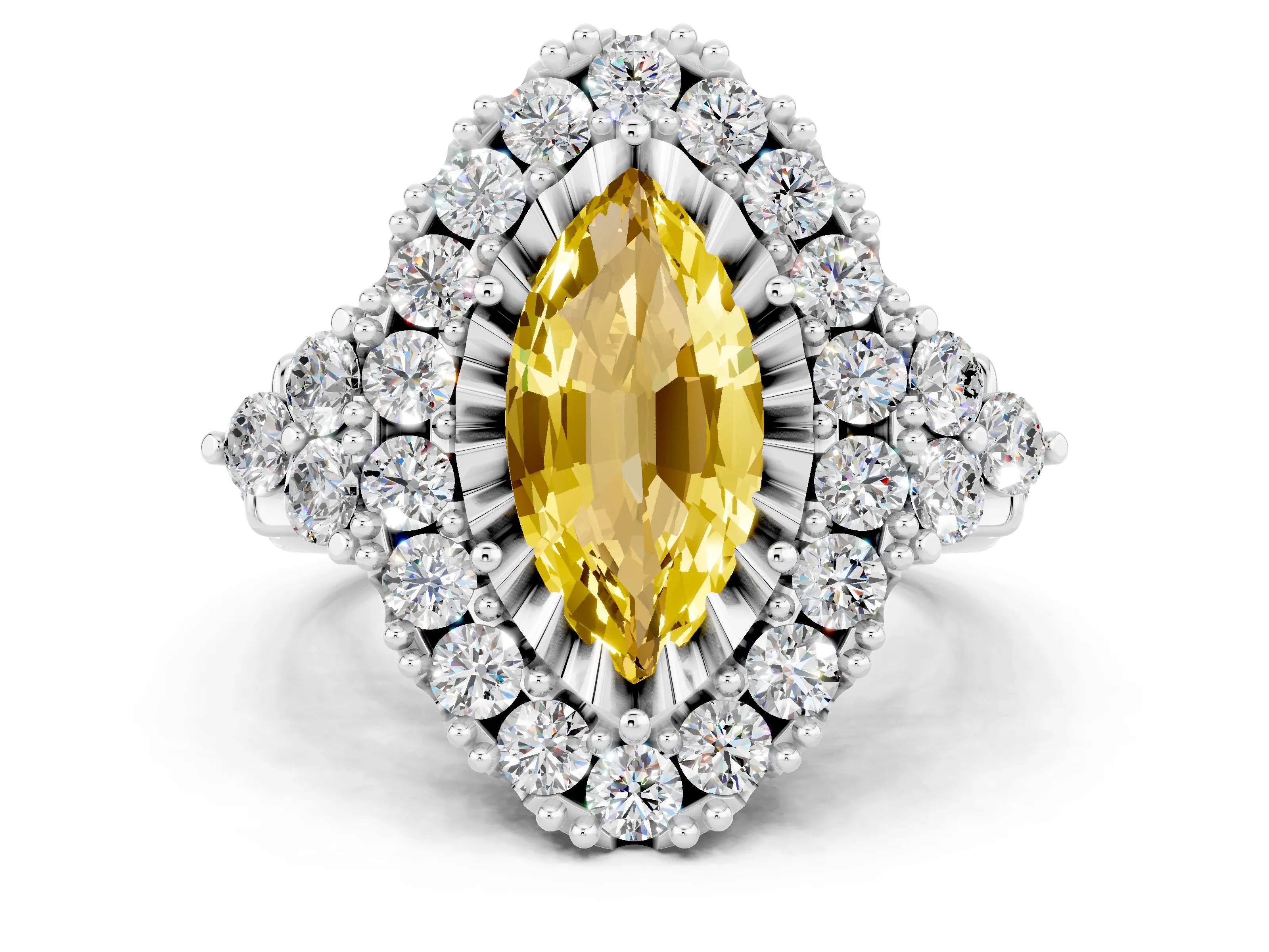 White gold Marquise Cut Yellow Sapphire Halo Ring with Pavé Band and Four-Prong Setting_12
