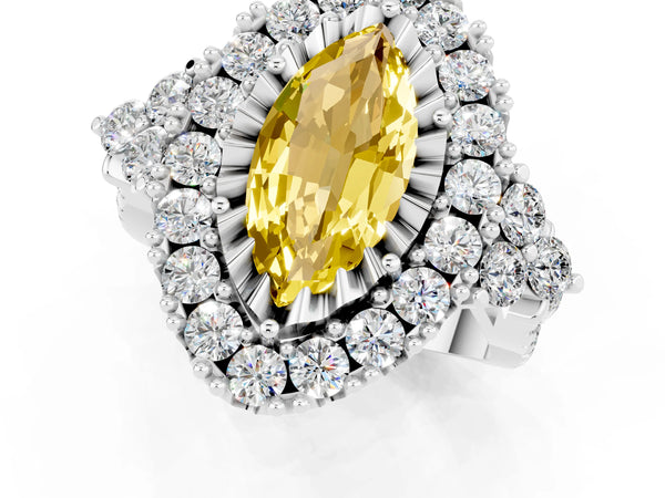 Platinum Marquise Cut Yellow Sapphire Halo Ring with Pavé Band and Four-Prong Setting