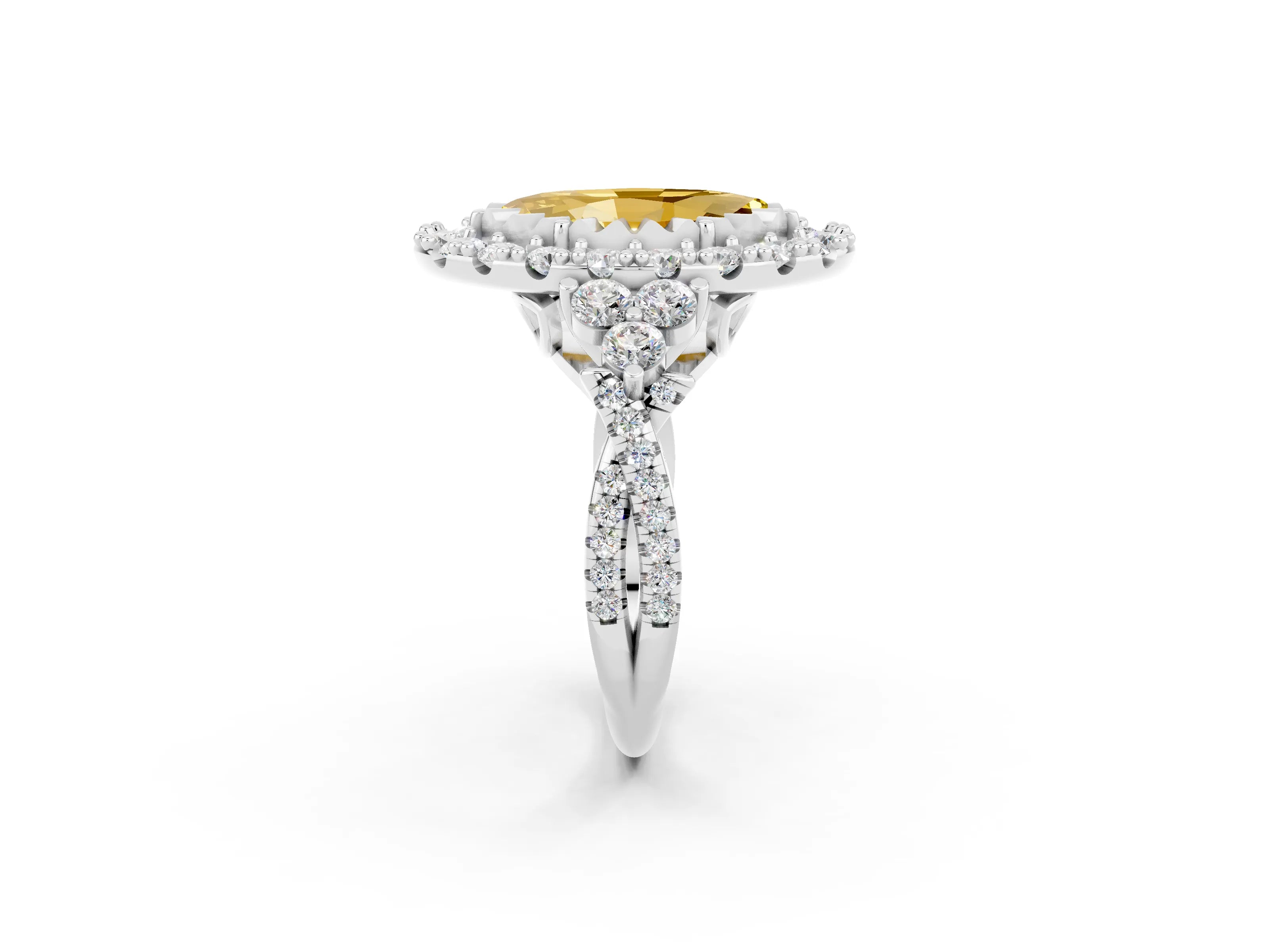 White gold Marquise Cut Yellow Sapphire Halo Ring with Pavé Band and Four-Prong Setting_14