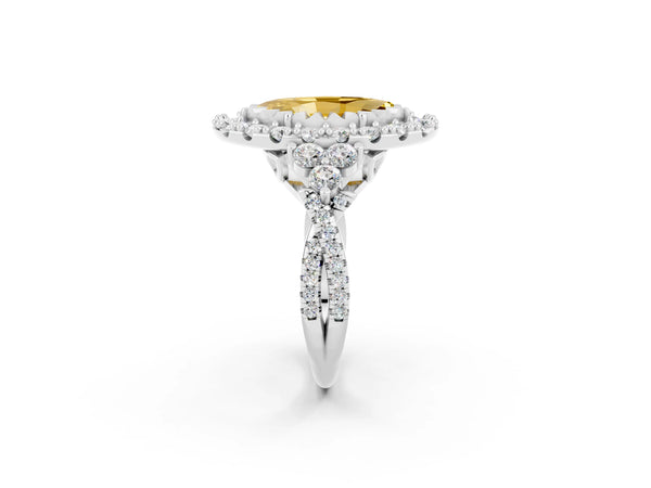 White gold Marquise Cut Yellow Sapphire Halo Ring with Pavé Band and Four-Prong Setting